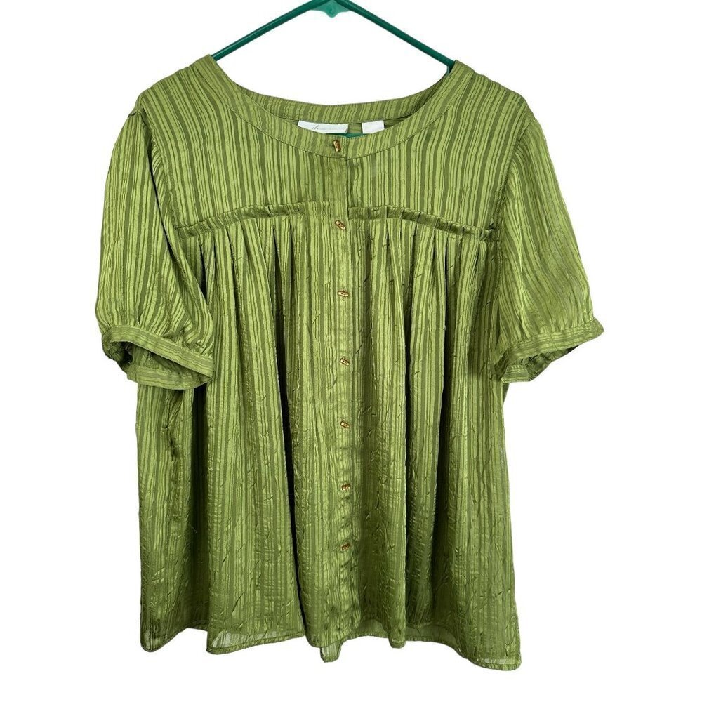 JH Collectables, green button up‎ strip blouse, size XL